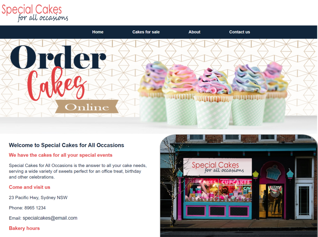A website for a cake shop, with rainbow cupcakes